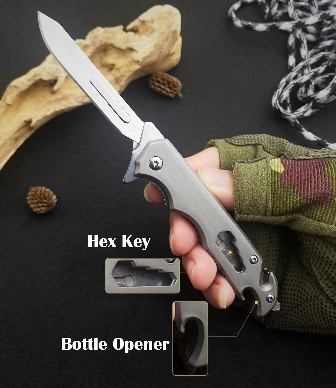 Fast Open Scalpel Stainless Steel Folding Knife EDC Tool Multi-functional Window Breaker Hex Key Bottle Opener Twine Knife