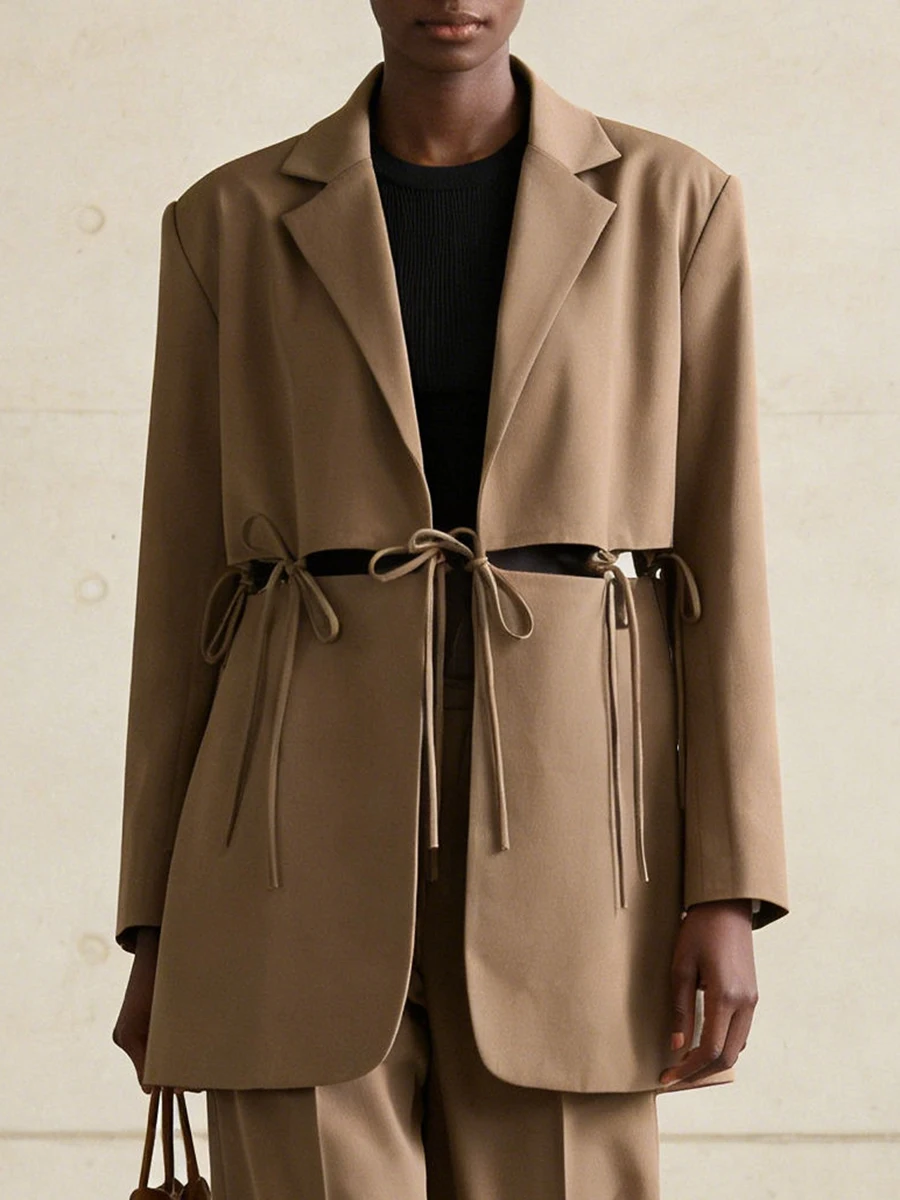 VGH Korean Style Design Sense Solid Blazers For Women Lapel Long Sleeve Autumn Hollow Out Casual Commute Jacket Female Fashion