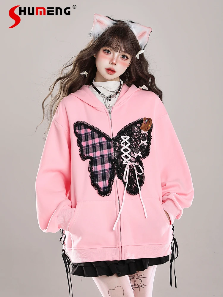 American Fashion Street Y2K Plaid Lace Splicing Butterfly Lace-up Zipper Loose Lazy Casual Hooded Sweatshirt Jacket Women Autumn