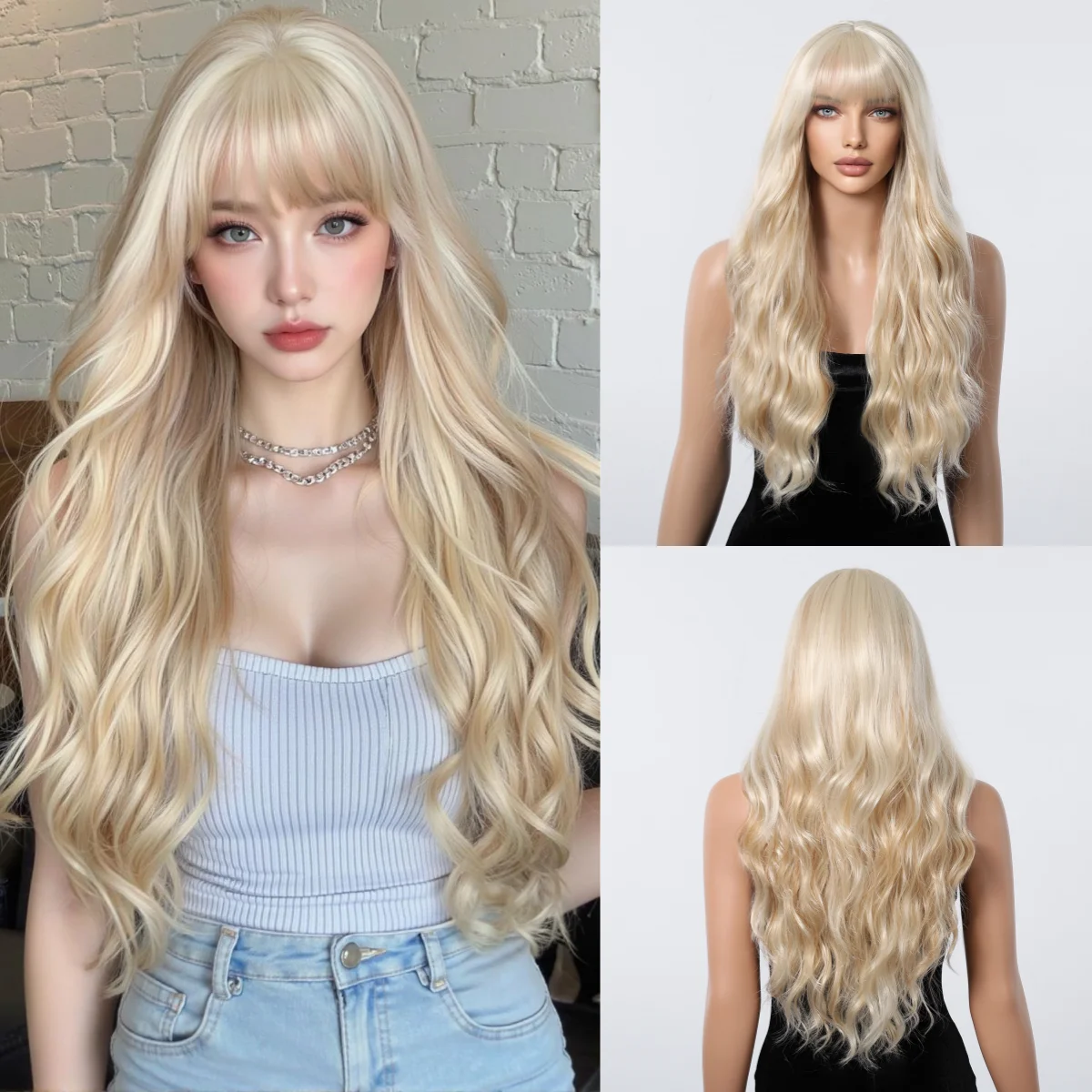

Platinum Mixed Blonde Long Wavy Synthetic Wigs with Bangs Natural Wigs for Women Use Heat Resistant Fiber Daily Party Use