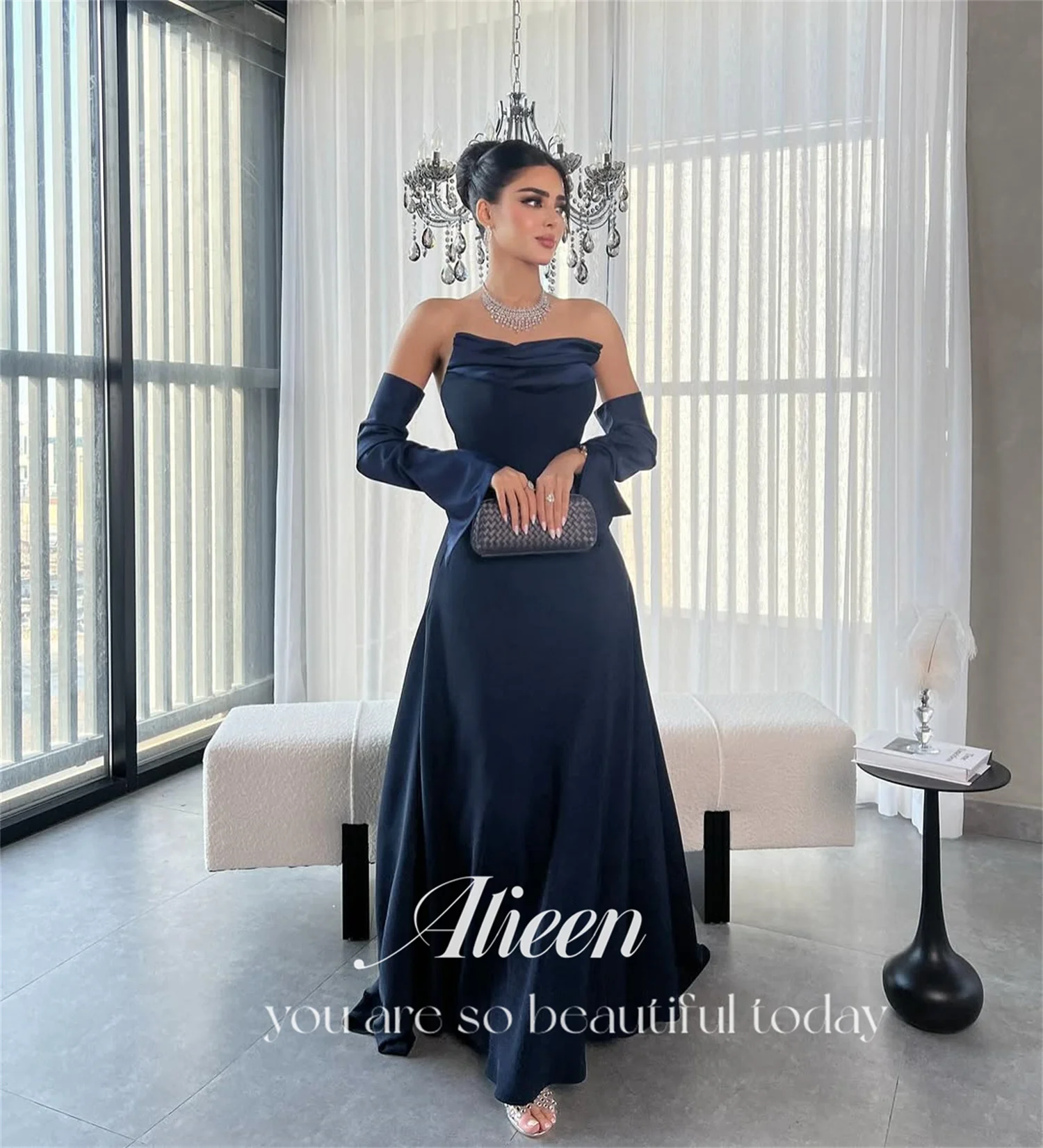 

Aileen Elegant Womens Party Dresses Women 2024 Satin Wedding Guest Dress Women Long Sleeves Navy Blue Customized Tailing Evening