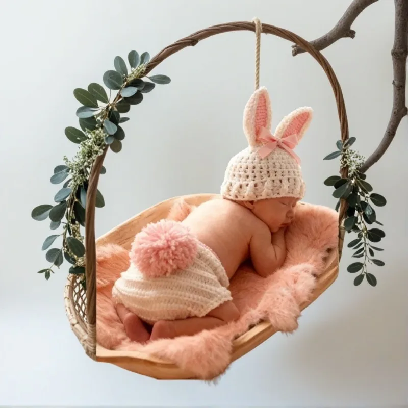

Rabbit Fur Blanket & Knitted Set, Luxury Handmade Bunny Newborn Photography Costume, 3pcs Professional Baby Photoshoot Props