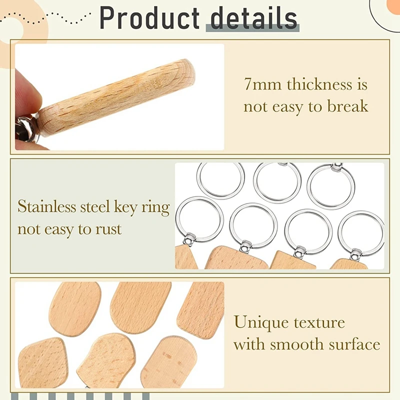 20Pcs Wood Blanks Wooden Keychain Blank Unfinished Wooden Key Tag With Ring Key Chain For DIY Craft