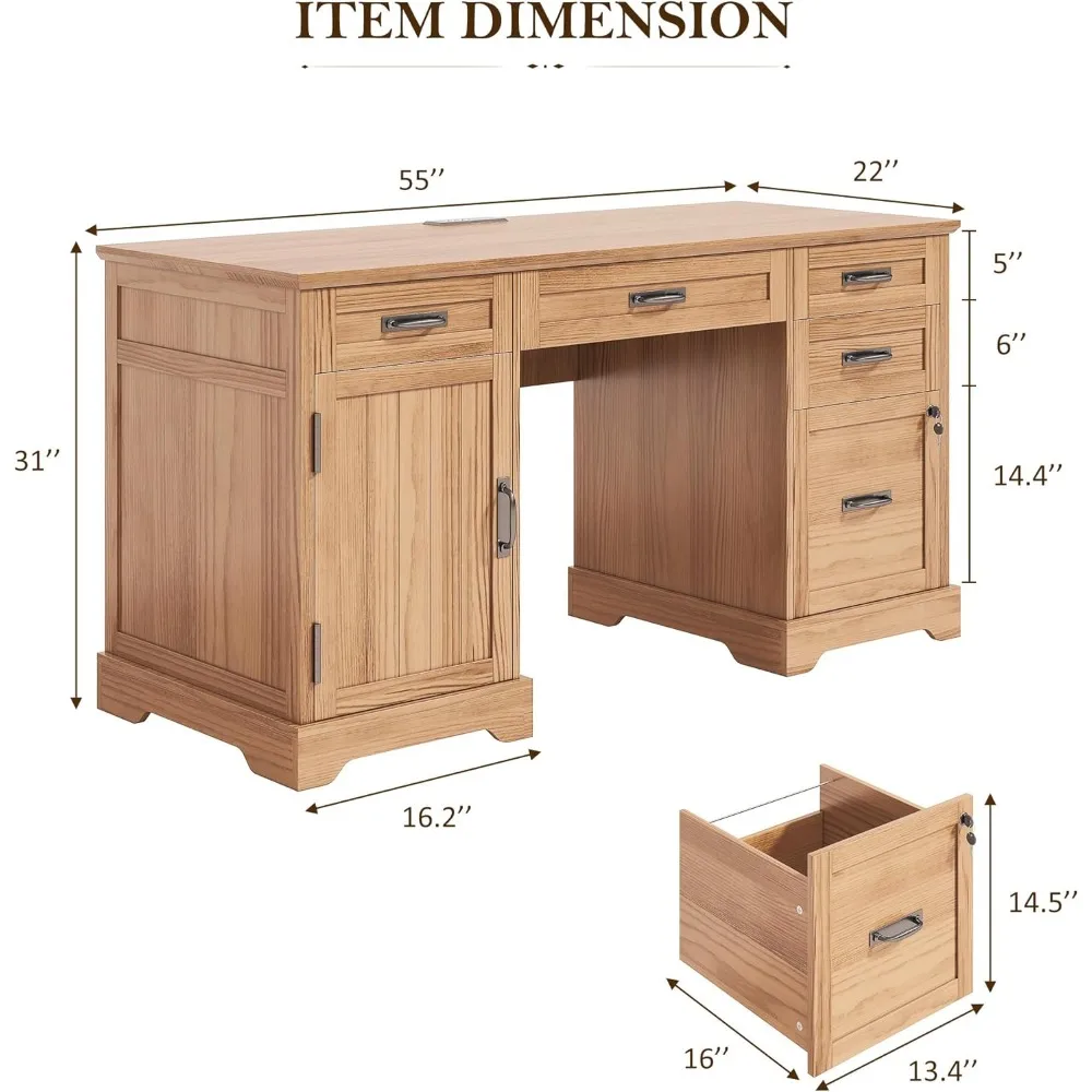 55'' Farmhouse Executive Desk, Home Office Desk with Drawers, Wood Computert Desk with File Cabinet and Power Outlets, Walnut