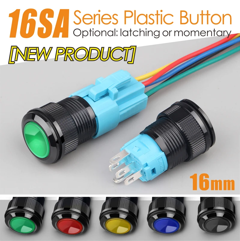 LANBOO 16mm 5Pin Black Plastic Push Button Switch with LED 12V 24V 220V 1NO 1NC
