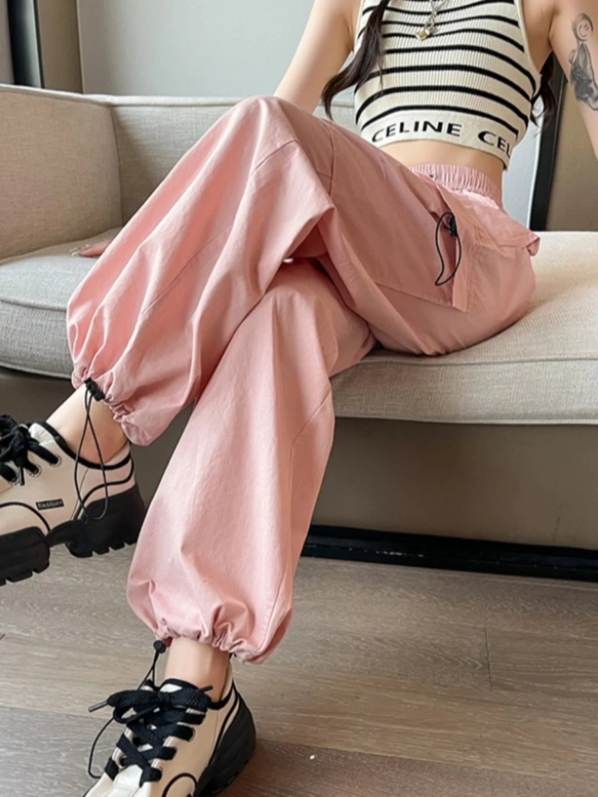 

Pink drawstring workwear pants spring spicy girls high waisted casual loose leg wide leg pants hiking sports pants for women