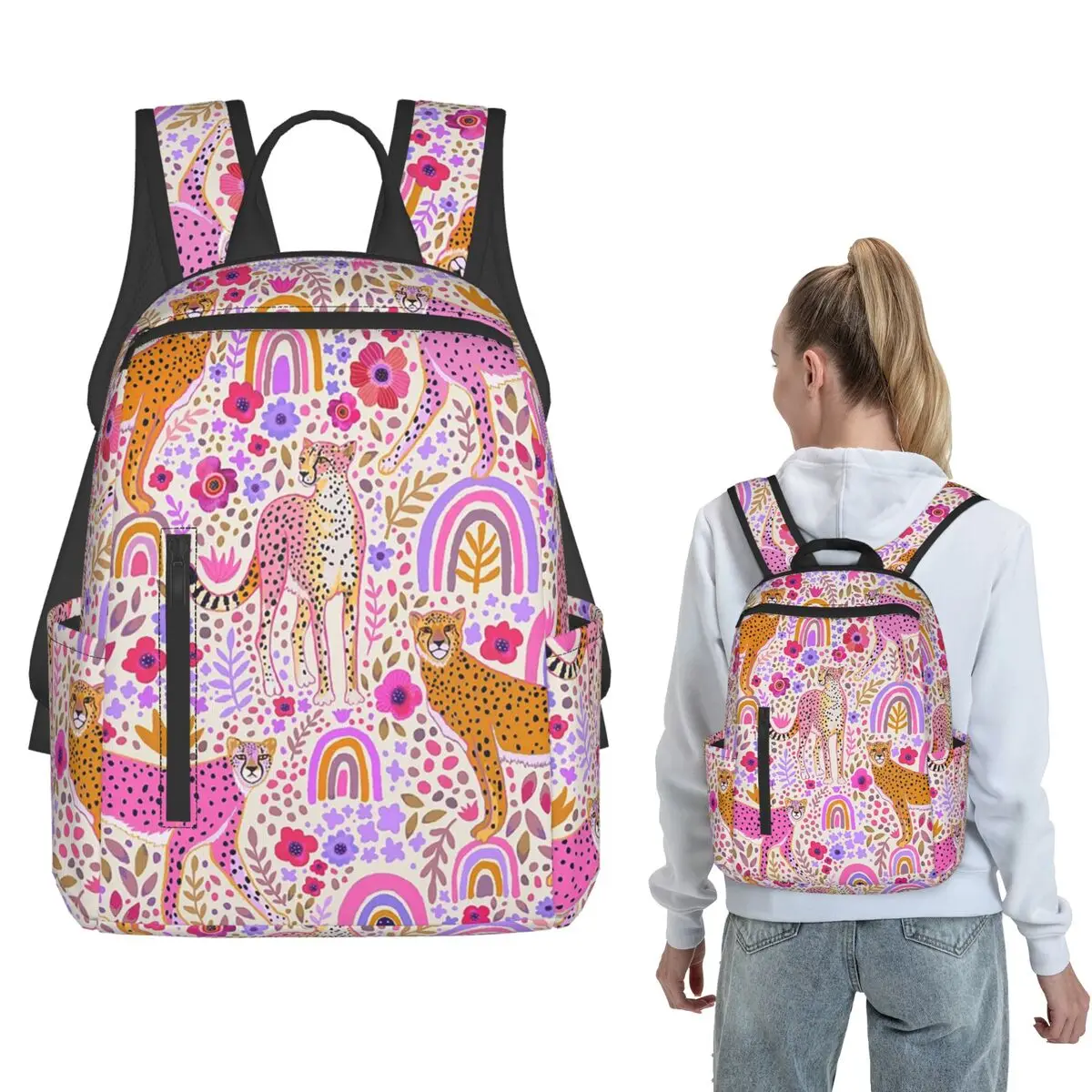 Cheetahs In A Rainbow Garden Backpack Daypack Boys Girls BookBag School Bag Shoulder Bags for Men Women