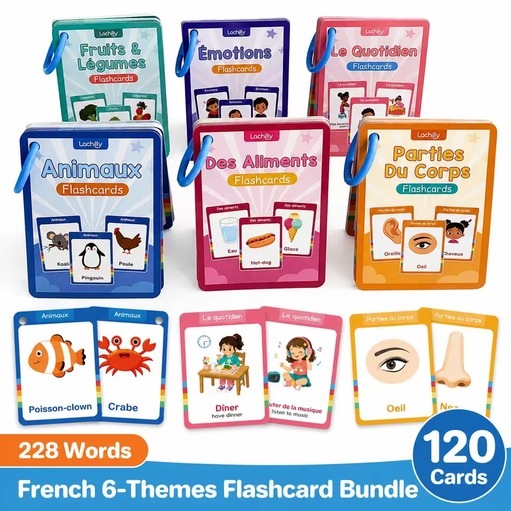 6 Packs French-English Bilingual Flash Cards for Kids Double-Sided Body Parts , Foods and Daily Routine French Vocabulary Cards