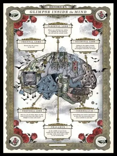 1b, Джин Хендрик, ретро, винтажный стиль, металлическая вывеска/булавка, человек, пещера, сарай, бар, паб