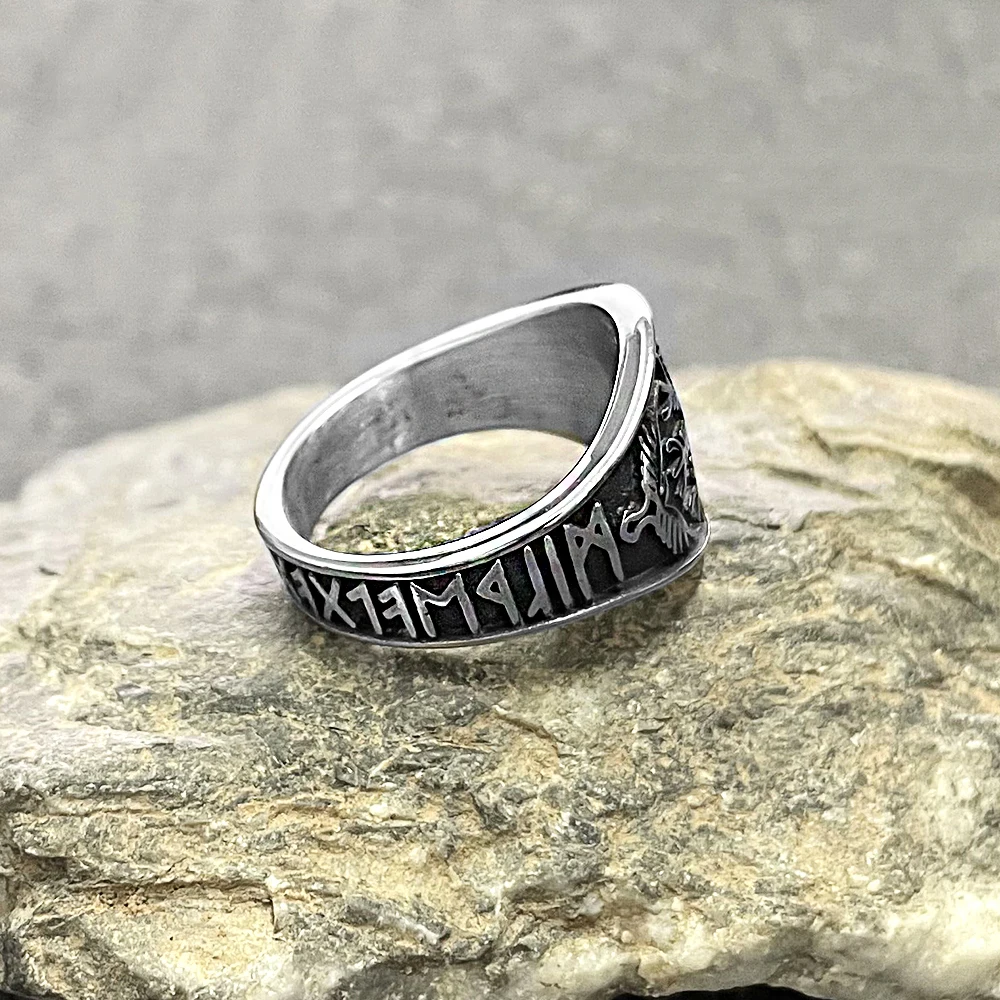 Vintage Vikings Runes Compass Rings Men Stainless Steel Norse Mythology Odin\'s Crow Futhark Finger Ring Pagan Talisman Jewelry