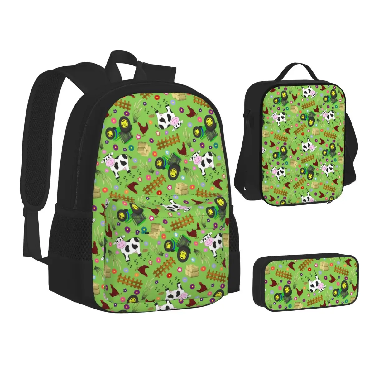 Farmyard Cow And Tractor Backpacks Students Bookbag School Bags Children Rucksack Lunch Bag Pen Bag Three-Piece Set
