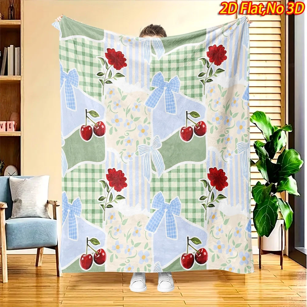 Patchwork Green Plaid Stripe Cherry Bow Floral Print Flannel Throw Blanket Soft Warm Cover Sofa Bedroom Cottage Cute Decor Gift