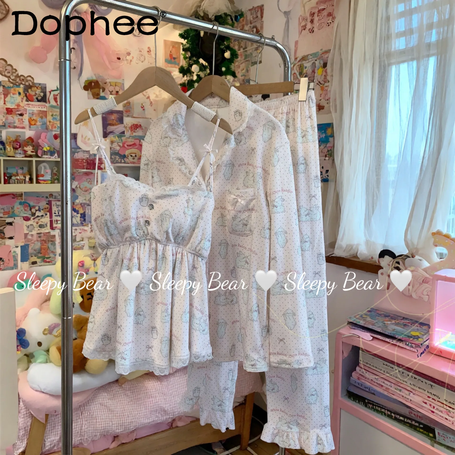 

Japanese Sweet Cute Thin Velvet Strap Collar Pajamas 2025 New Autumn Winter Warm Thickened Homewear Set for Women