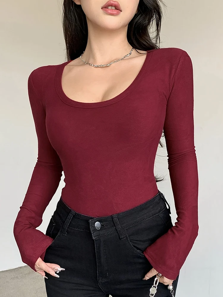 

Trendy Tee Shirts 2025 Spring Summer Women Clothing Scoop Neck Long Sleeve T Shirts Womens Slim Fitted Tops Casual Basic Tshirts