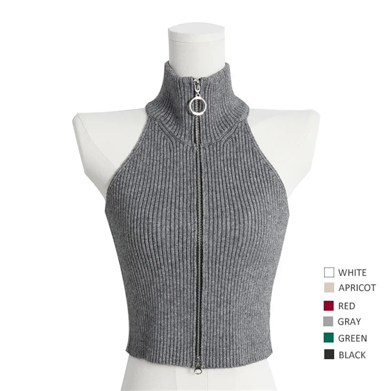 

Turtleneck Neck Backless Knitting Tank Top Hanging Neck Style With Zipper Knit Shoulder Vest Slimming Cardigan Vest For Spring