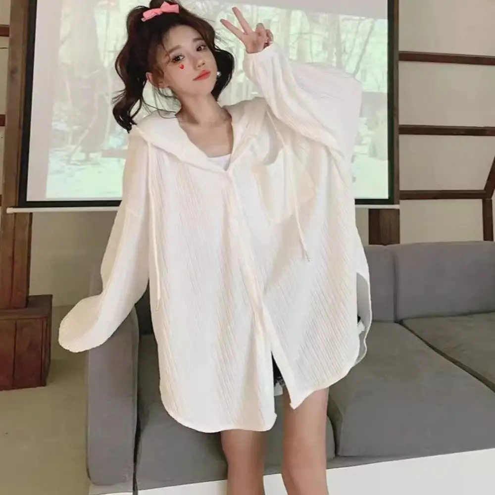 Fashion Drawstring Hooded Shirt Simple Loose Long Sleeved Hooded Korean Ins Ice Silk Sun Protection Tops Spring Autumn