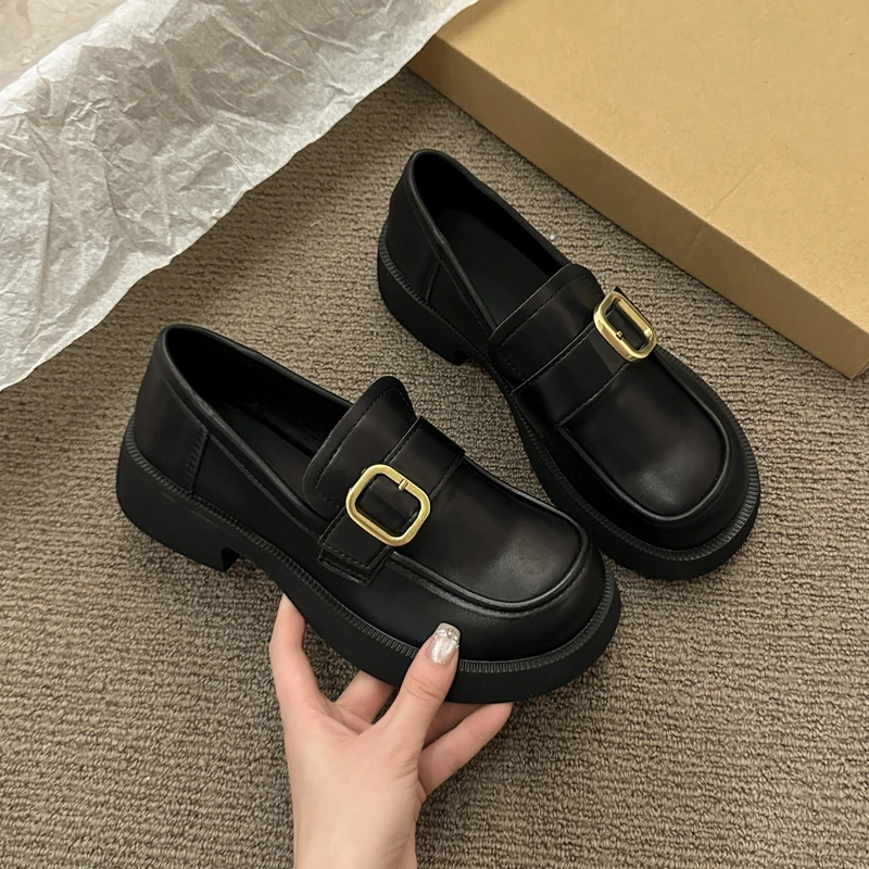 

Классические модные женские туфли-оксфорды, повседневная кожаная женская обувь без шнуровки с круглым носком, повседневная обувь на платформе с однотонной квадратной пряжкой