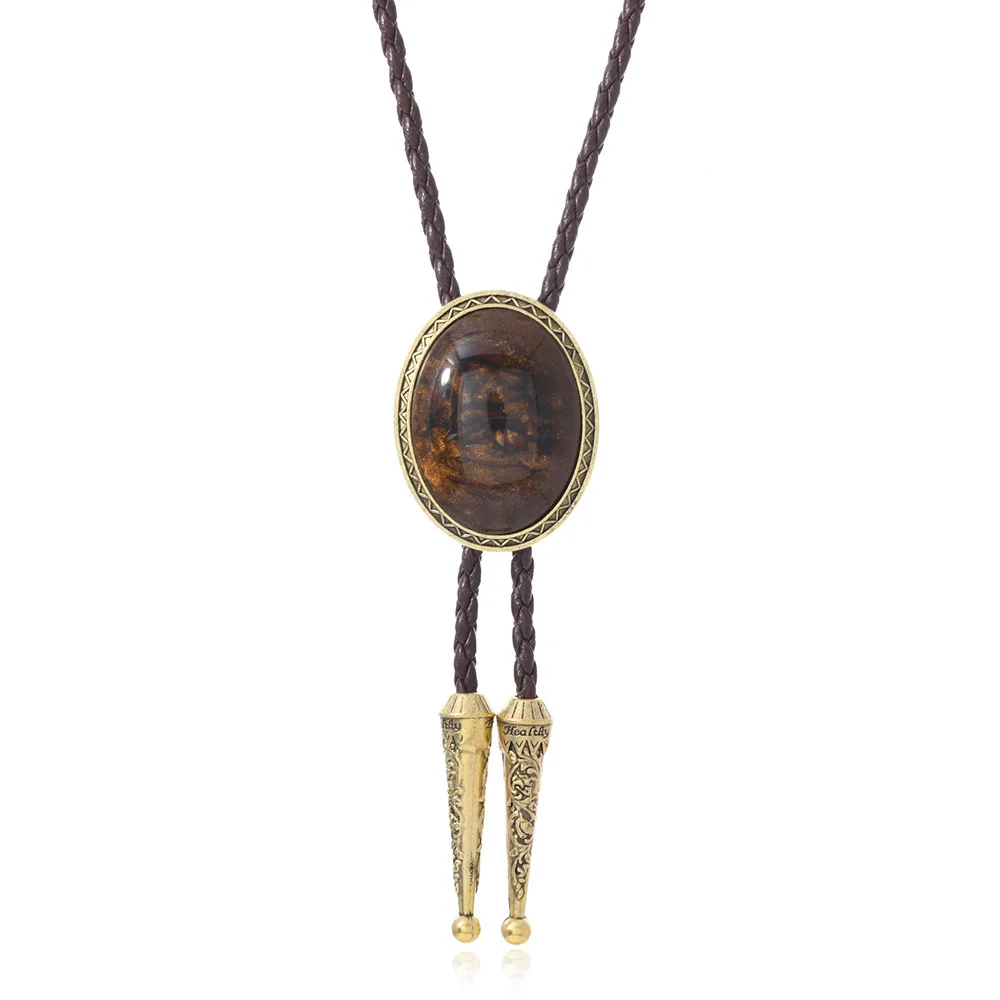 Fashion Vintage Alloy Agate Color Bolo Tie Long Leather Sweater Chain Necktie Western Cowboy Style for Women Men Accessory