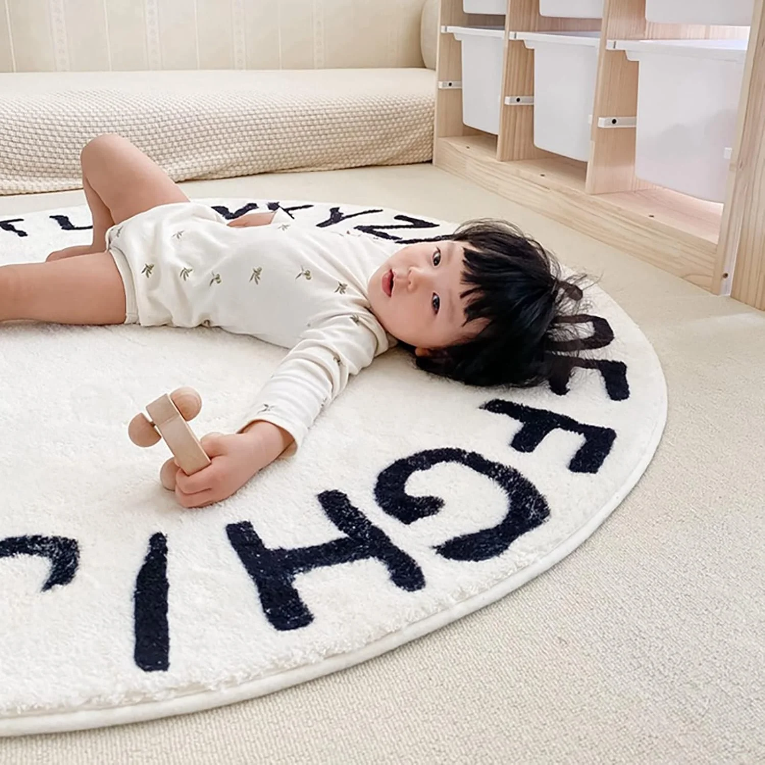 White Round  Play Rug ABC 26 Alphabet Nursery Rug for Bedroom Playroom Non Slip Fun Educational Playmat Round  Carpet Crawling M