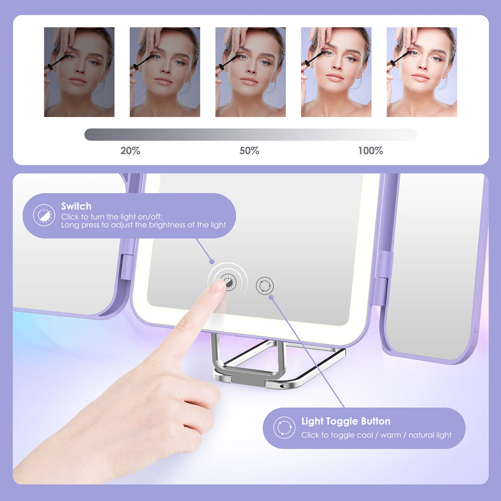 SEJOY Cosmetic Mirror LED Light Strip with 3X/7X Magnification Foldable Portable Touch Control Trifold Makeup Mirror