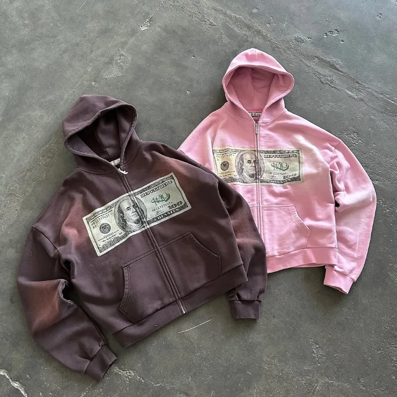 Aesthetic embroidery pattern loose zip sweater new street fashion retro punk gothic hundred casual hoodie Y2k clothing