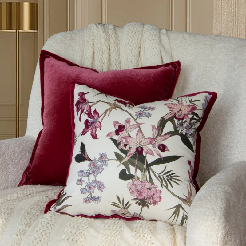 Vintage Floral & Solid Velvet Pillow Covers Romantic Red Damask Decorative Cushion Case French Country Style Pillow For Sofa Bed