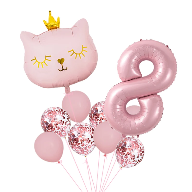Rosa Krone Katze Folien-Zahlenballons Cartoon-Tier Wimpelkette Set Mädchen Happy Birthday Party Dekorationen Kinder Babyparty Geschenk – Detail 14
