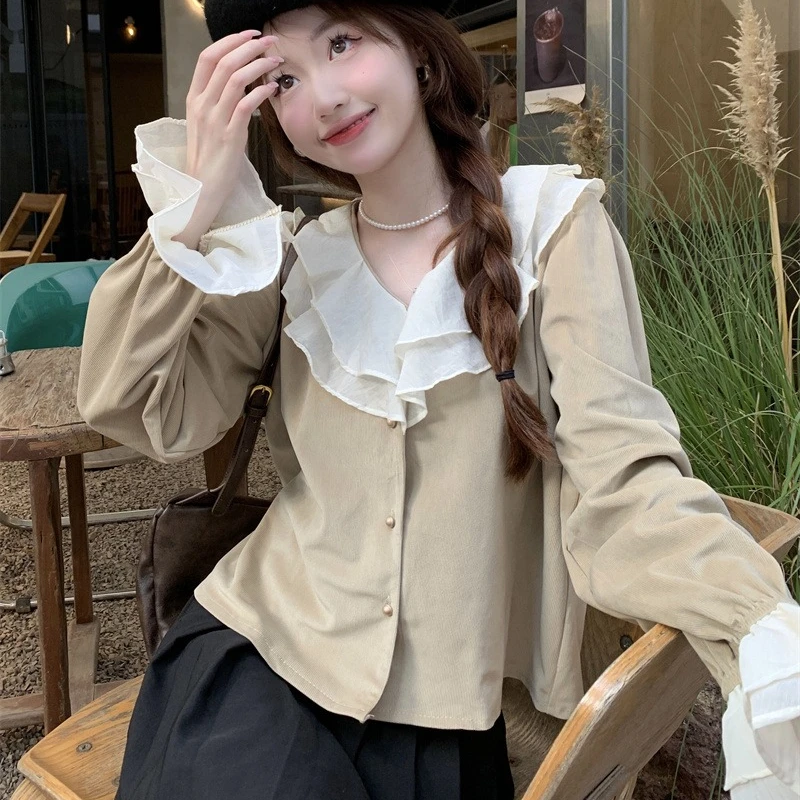 

Ruffled Women Blouse Sweet V-neck Flare Sleeve Corduroy Spring and Autumn Versatile Female Shirt Korean Casual Daily Tops