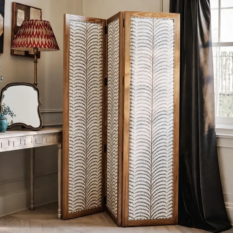 Retro Solid Wood Folding Screen Room Divider Movable Partition Wall for Living Room Entryway Bedroom with Art Print Design