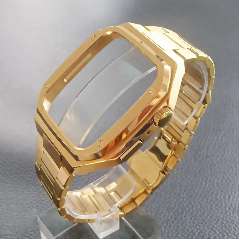アップルウォッチ用の一体型ステンレススチールストラップ付きメタル保護ケース,Apple Watch 5,6,7,8世代に適しています