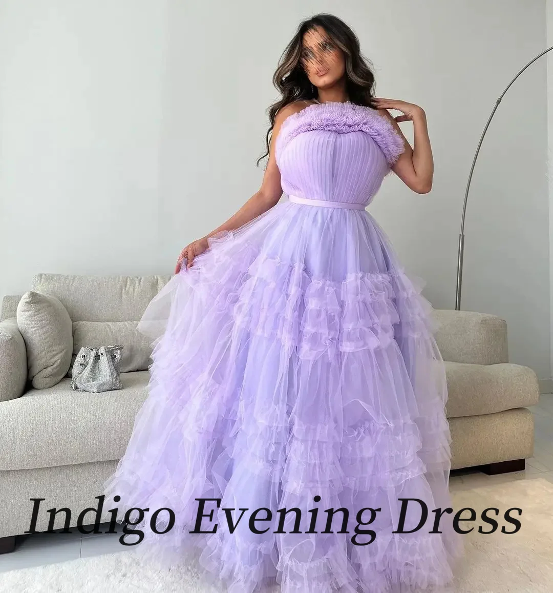 Indigo Tule vestido de baile feminino, sem alças, até o chão, uma linha, vestido de baile em camadas, vestido formal, 2021