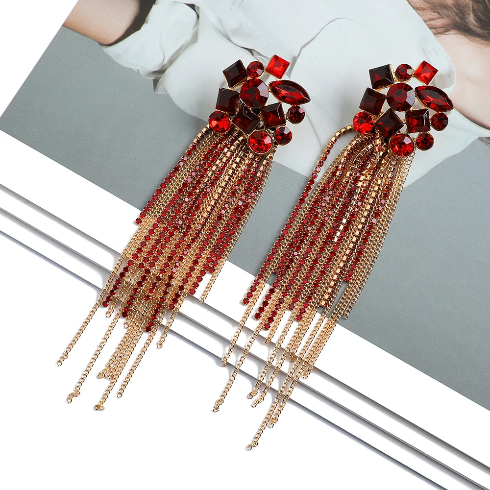 Fashion Metal Chain Inlay Colorful Rhinestone Tassel Dangle Earrings For Women Elegant Luxury Ear Accessories Irregular Jewelry