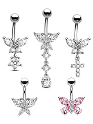 Butterfly Dangle Belly Button Ring Surgical Steel Navel Rings Pink Zircon Umbilical Ring Hypoallergenic Tummy Ring Piercing
