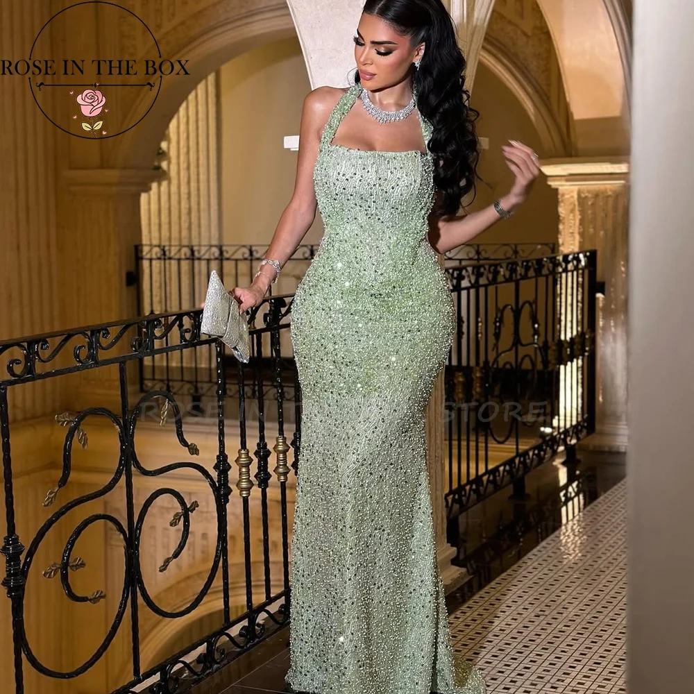 

ROSEINTHEBOX Green Charming Halter Evening Dresses Mermaid Party Prom Gowns Beading Sequined Corset Long Formal Dress Customized