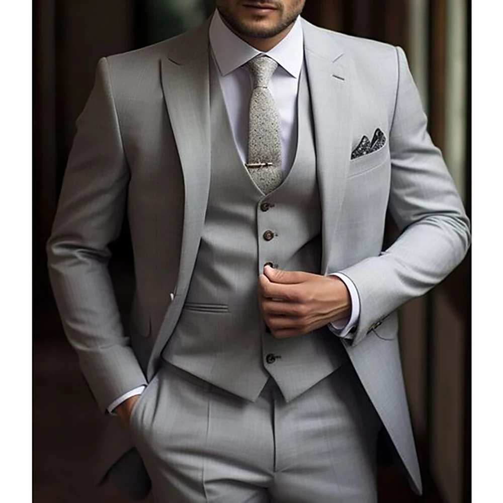 

Bespoke Grey Peak Lapel Single Breasted 3 Piece Jacket Pants Vest Slim Regular Length Luxury Men's Suits Formal Business Blazer