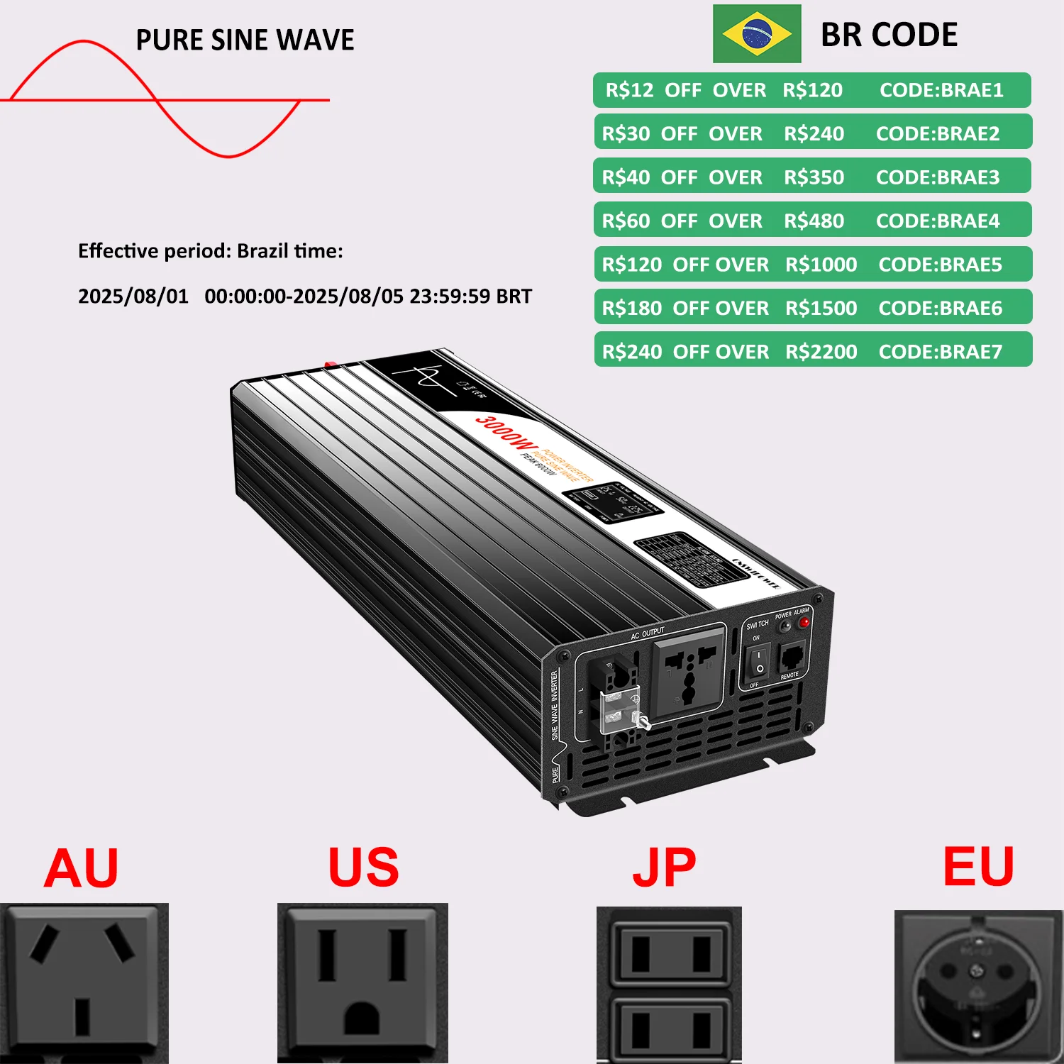 

Инвертор синусоидального сигнала 3000 Вт, новый инвертор 12v 220v солнечной энергии для автомобиля, 12 В, 24 В, 48 В до 110 В, 220 В