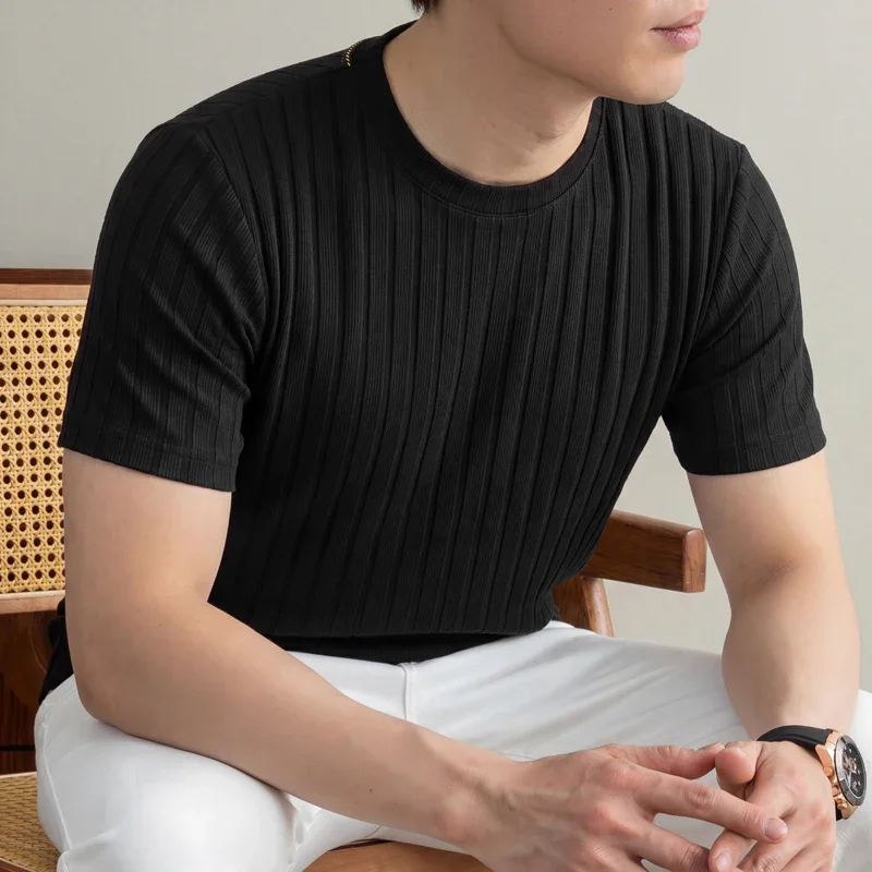 Camiseta minimalista de cuello redondo para hombre, tejido elástico cómodo, manga corta, para oficina y uso informal