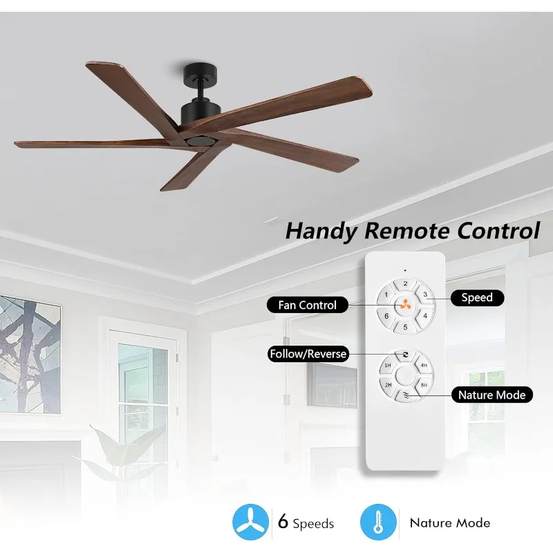 WINGBO 64 Inch DC Ceiling Fan without Lights, 5 Reversible Carved Solid Wood Blades, 6-Speed Noiseless DC Motor