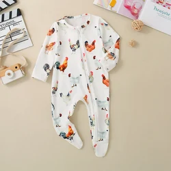 Fall Unisex Baby Boy Rooster Print Casual Fashion Long-Sleeved Zipper Footed Onesie Crawlsuit