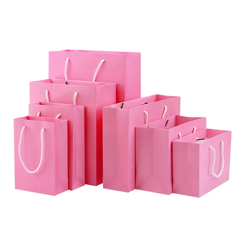 

200Pcs/Lot 10 Size Pink Kraft Paper Gift Handbag Bakery Package Bags Gift Packing paper gift Bag With Handle For Party Wedding