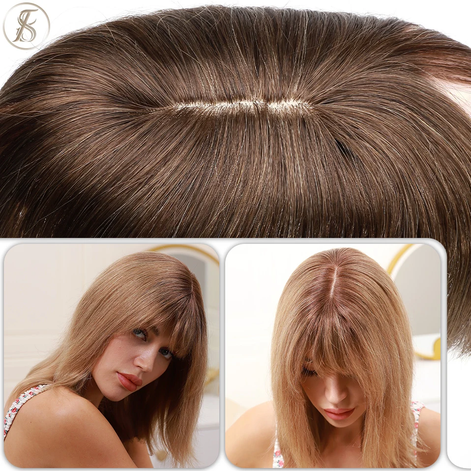 TESS Topper da donna 7x12,5 cm Toppers per capelli con frangia Fermagli per capelli Parrucche per capelli naturali 100% capelli umani Base in seta Clip nell'estensione dei capelli