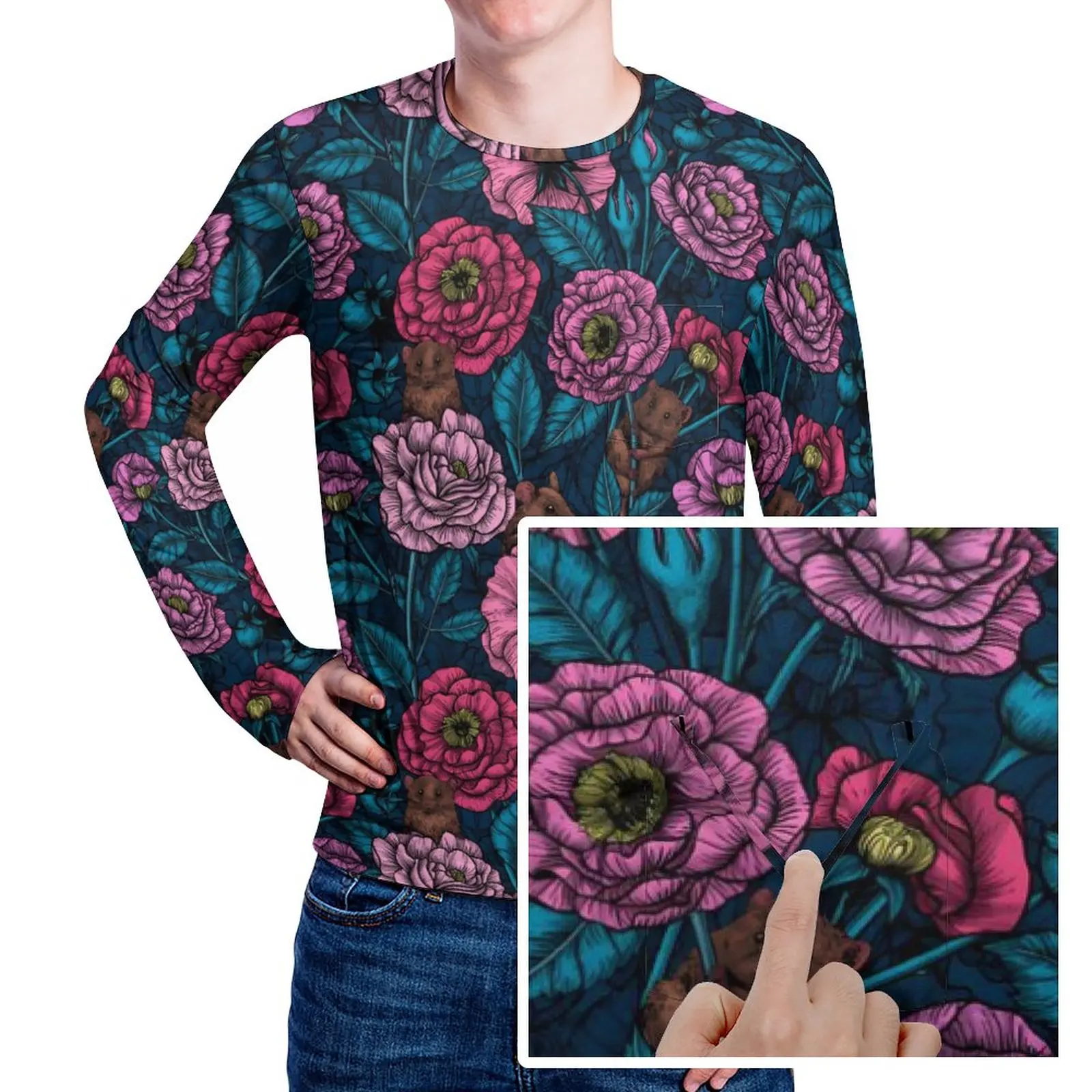 Rose Floral Print T Shirt Pink Flowers Cool T-Shirts With Pocket Long Sleeve Design Tshirt Daily Funny Oversized Clothing