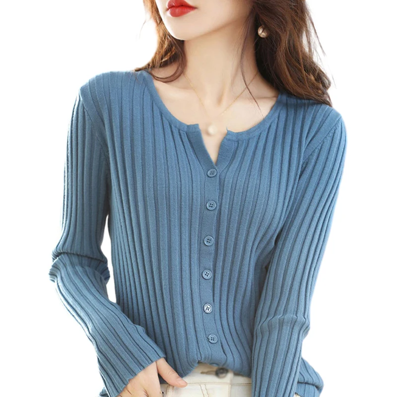 Women\'s Round Neck Pit Stripe Knit Long Sleeve Cardigan Slim Single Breasted Sweater Jacket Knit Bottom Shirt