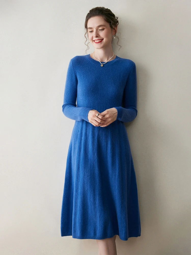 

Fit And Flare Skirt Women's Cashmere O-neck Pullover Sweater Autumn Winter Striped Slim Dress Office Lady 100% Cashmere Knitwear