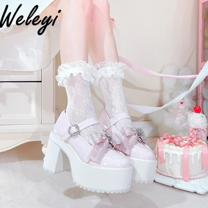 Sapatos de Muffin de Sola Grossa para Mulheres, Arco Rosa, Salto Alto, Mina Produzida em Massa Lolita, Subcultura Original, Kawaii, Menina Doce, Estilo Japonês