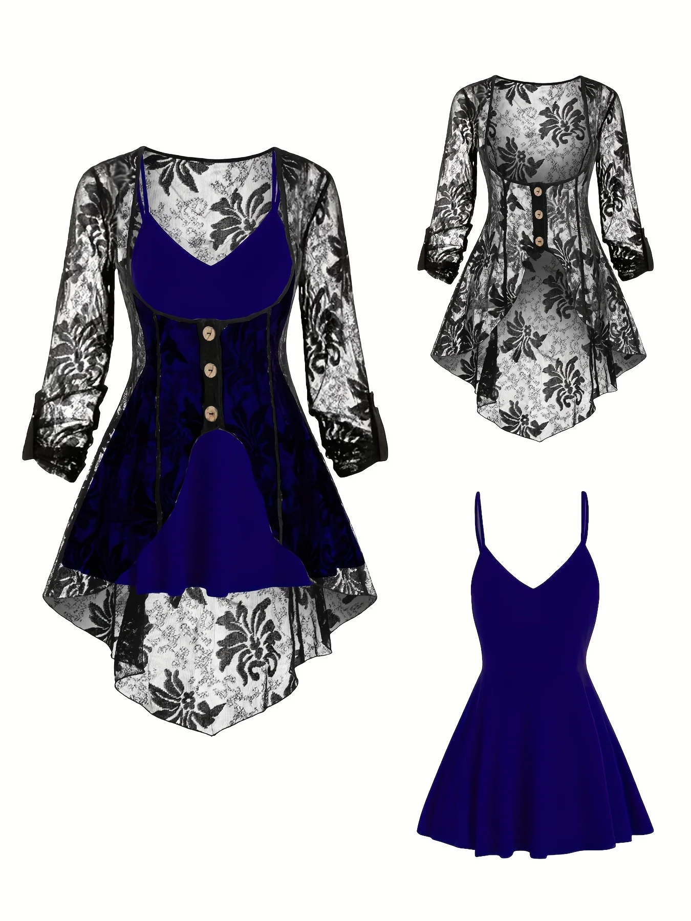 

Women's Plus Size Three - Piece Set: Cami Skirt Top + Lace Overlay + Black Leggings