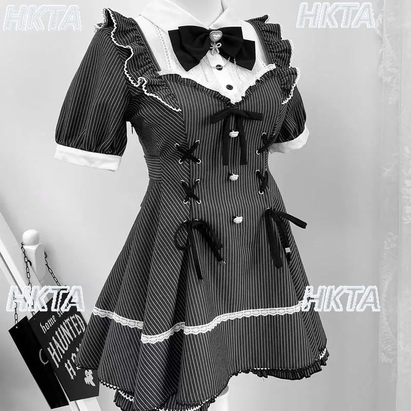 

Japanese Style Striped Slim Waist Mass-Produced Puff Short Sleeve Shirt Dress High Waist Casual Shorts Set Y2K Gothic Skirt Set