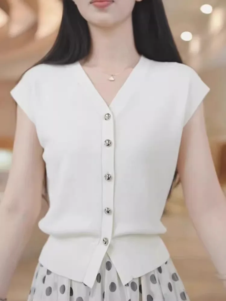 

Ele V-Ne Knitted Open Cardigan Summer Slimming Faionable Ice Silk Base irt Top Korean Sle Straight Cut Button Detail