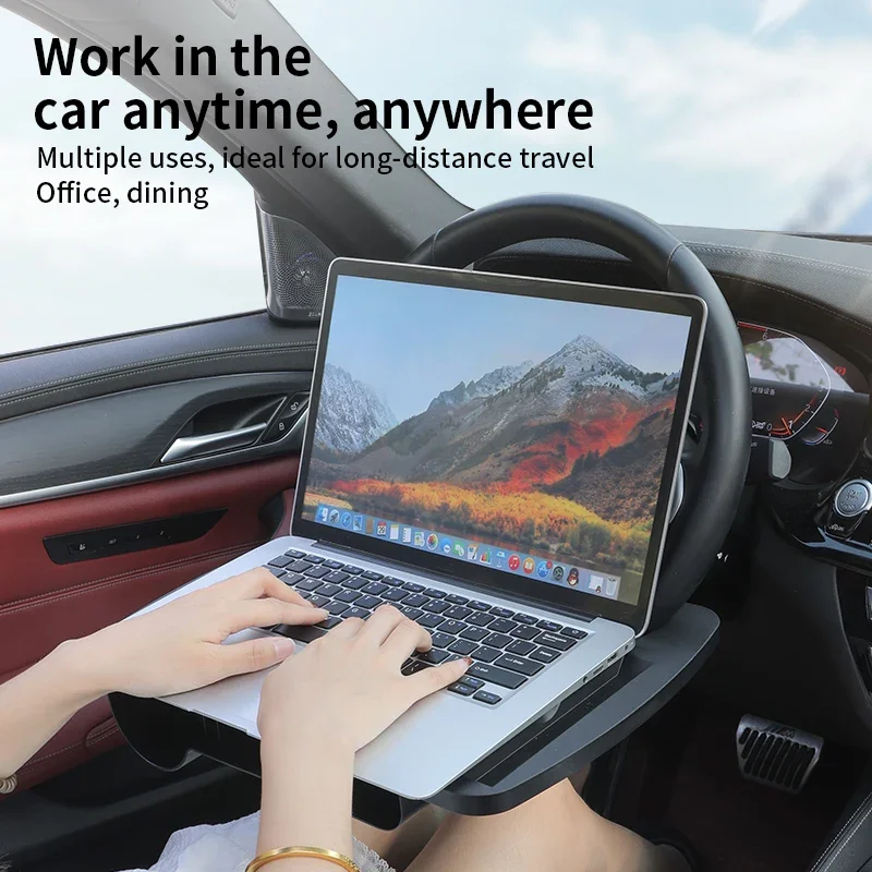 Multi-functional Car Laptop Desk Stand, Foldable Steering Wheel Dining Table Drink Tray with Gap Storage Box