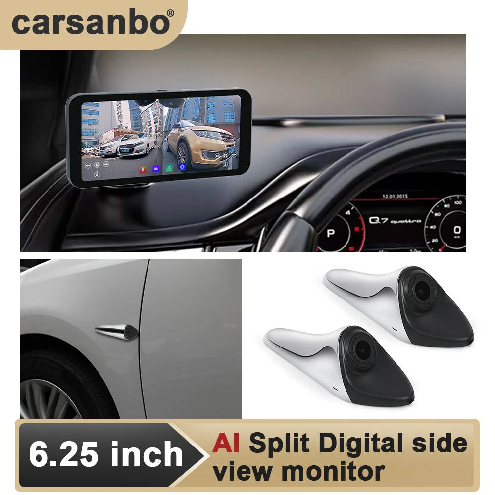 

Carsanbo 6.25 Inch Car Touch Split Screen Monitor Display AHD 1080P with Blind Spot Alarm System Digital Two Side View Camera